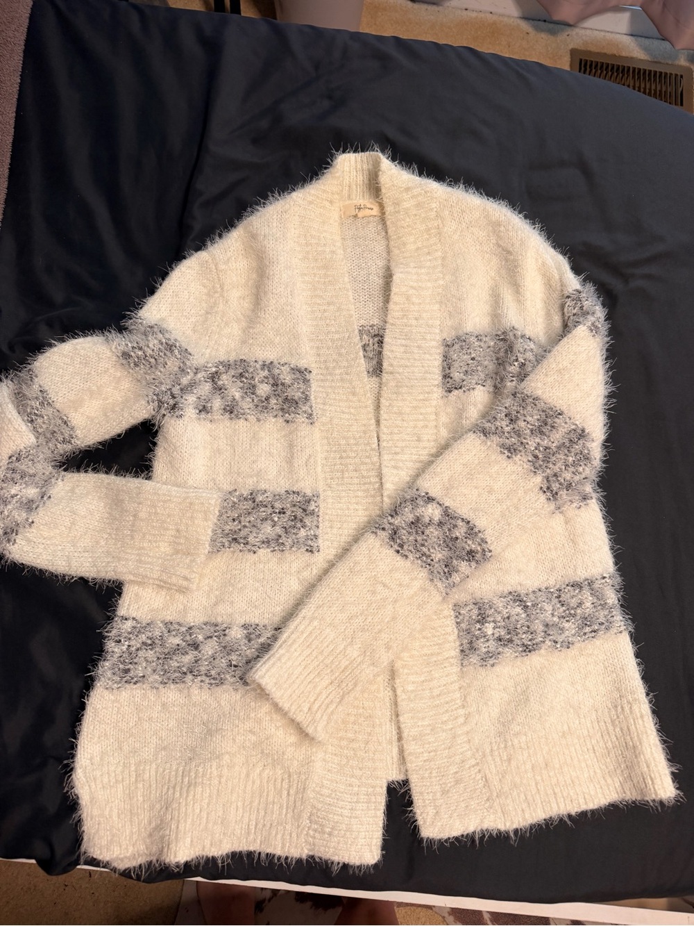 Fuzzy Cream Open-Front Cardigan with Gray Stripes